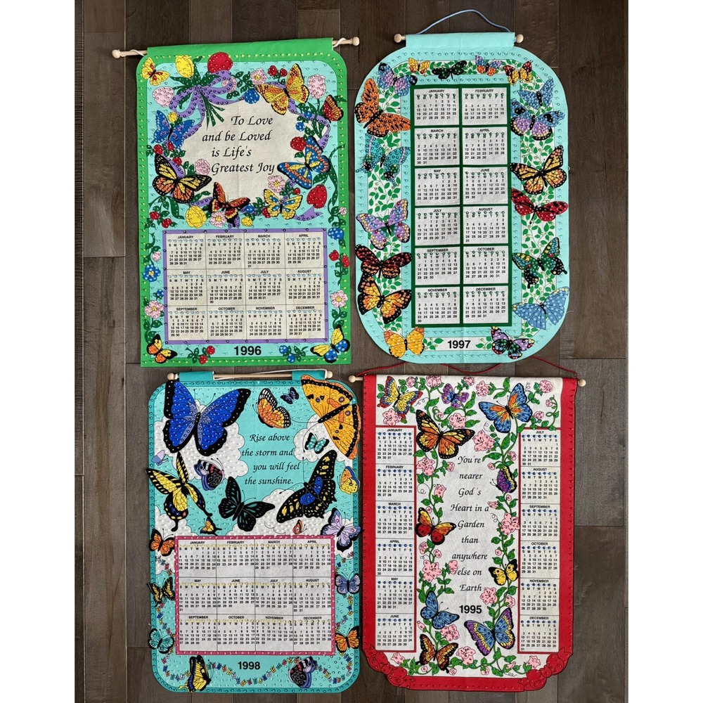 Hanging Wall Calendars 1995-1998~ Lot of 4 ~ Sequined Felt ~ Butterflies/Flowers